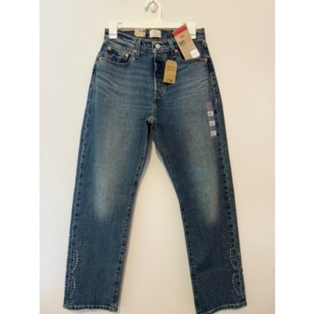 Levis 501 Curve Stretch Jeans Womens Medium Wash Rhinestone Studded Denim 29x30